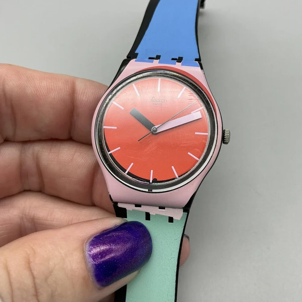 Swatch A COTE GB286 Womens Watch 34mm Orange Dial Pink Case Rubber New Battery